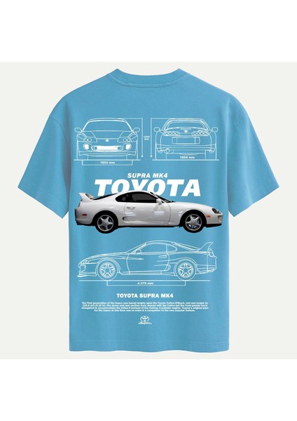 Unisex Bisiklet Yaka %100 Organik Pamuklu Kalın Dokulu Toyota Supra Mk4 Baskılı Oversize T-Shirt - Mavi