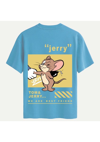 Unisex Bisiklet Yaka %100 Organik Pamuklu Kalın Dokulu Jerry Baskılı Oversize T-Shirt - Mavi