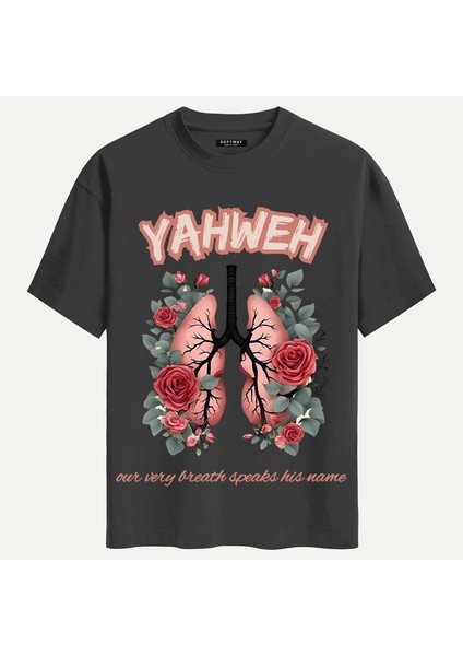 Unisex Bisiklet Yaka %100 Organik Pamuklu Kalın Dokulu Yahweh Baskılı Oversize T-Shirt - Füme