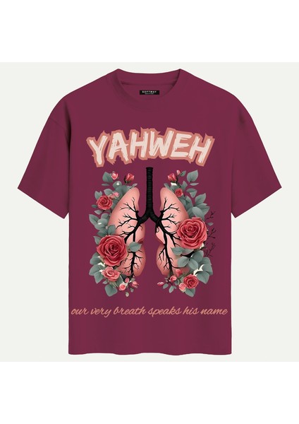 Unisex Bisiklet Yaka %100 Organik Pamuklu Kalın Dokulu Yahweh Baskılı Oversize T-Shirt - Bordo