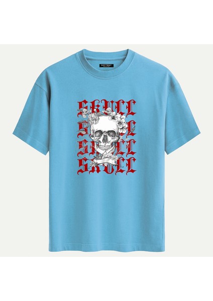 Unisex Bisiklet Yaka %100 Organik Pamuklu Kalın Dokulu Skull Baskılı Oversize T-Shirt - Mavi