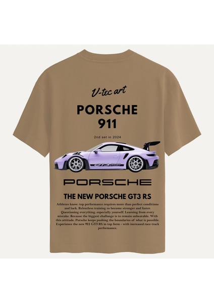 Unisex Bisiklet Yaka %100 Organik Pamuklu Kalın Dokulu Porsche 911 Baskılı Oversize T-Shirt - Açık Kahverengi