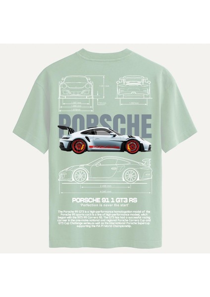 Unisex Bisiklet Yaka %100 Organik Pamuklu Kalın Dokulu Porsche 911 Gt3 Rs Baskılı Oversize T-Shirt - Bej