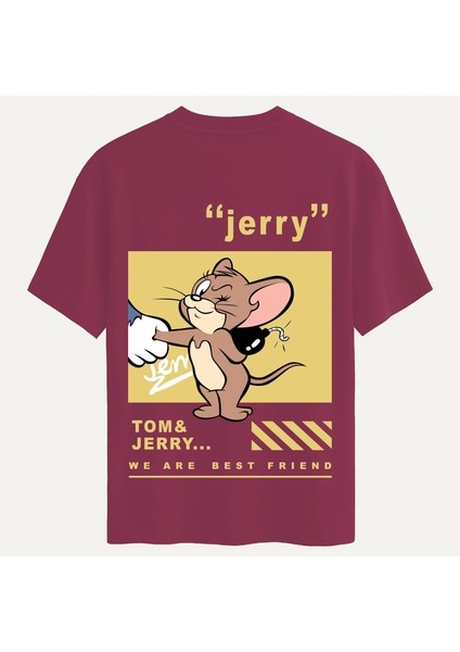 Unisex Bisiklet Yaka %100 Organik Pamuklu Kalın Dokulu Jerry Baskılı Oversize T-Shirt - Bordo