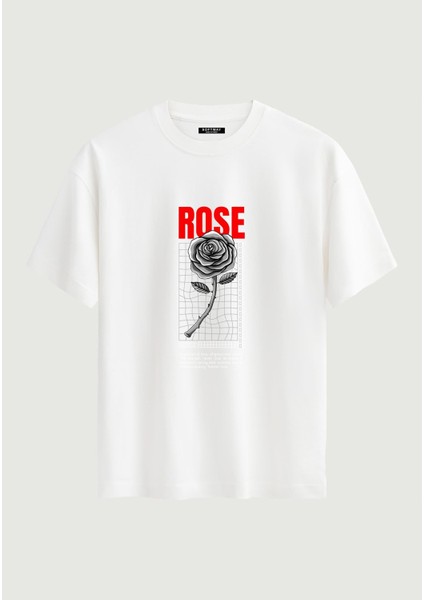 Unisex Bisiklet Yaka %100 Organik Pamuklu Kalın Dokulu Rose Baskılı Oversize T-Shirt - Beyaz