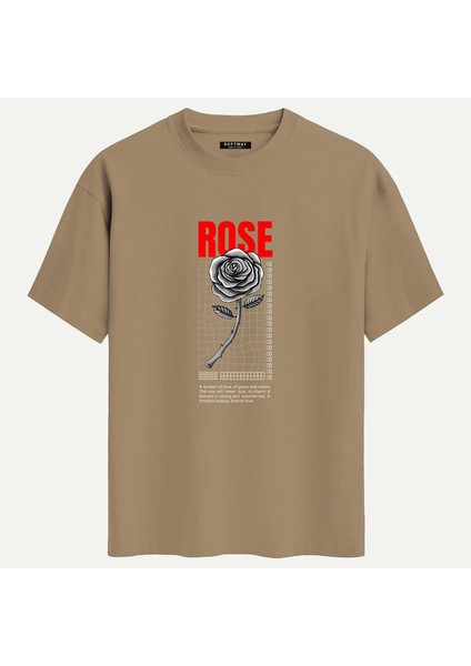 Unisex Bisiklet Yaka %100 Organik Pamuklu Kalın Dokulu Rose Baskılı Oversize T-Shirt - Açık Kahverengi