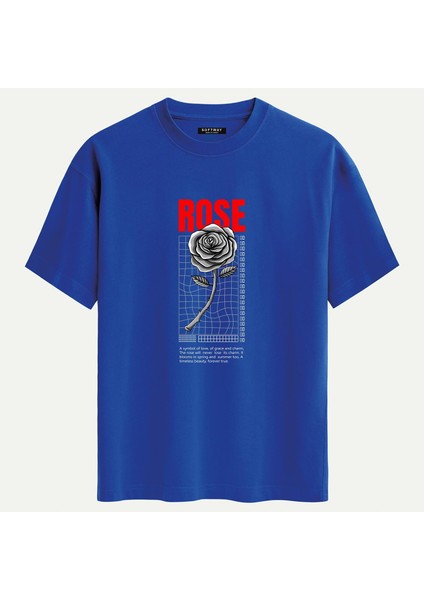Unisex Bisiklet Yaka %100 Organik Pamuklu Kalın Dokulu Rose Baskılı Oversize T-Shirt - Saks Mavisi