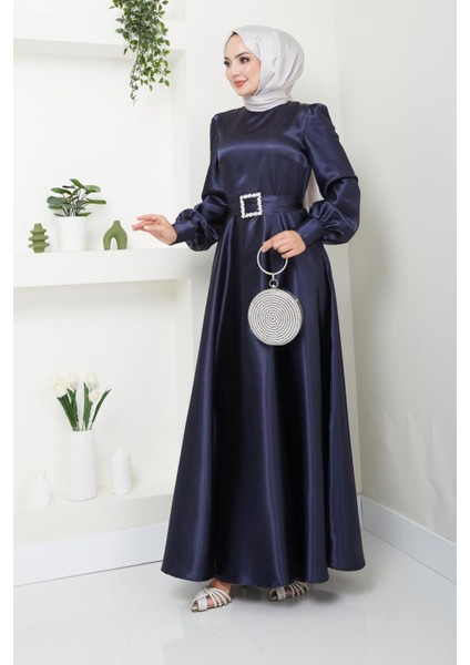 Kadın Giyim Abiye Moda Kemeri Taşlı Uzun Tesettür Saten Abiye Elbise 2753