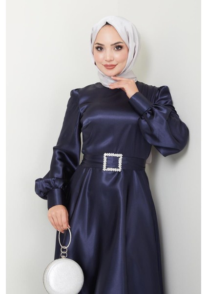 Kadın Giyim Abiye Moda Kemeri Taşlı Uzun Tesettür Saten Abiye Elbise 2753