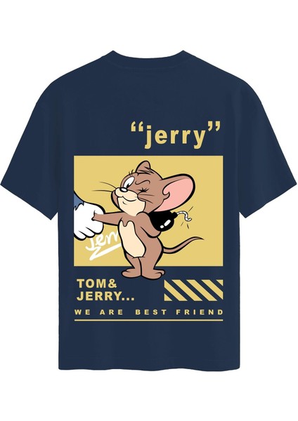 Unisex Bisiklet Yaka %100 Organik Pamuklu Kalın Dokulu Jerry Baskılı Oversize T-Shirt - Lacivert