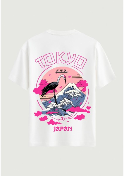 Unisex Bisiklet Yaka %100 Organik Pamuklu Kalın Dokulu Tokyo Baskılı Oversize T-Shirt - Beyaz