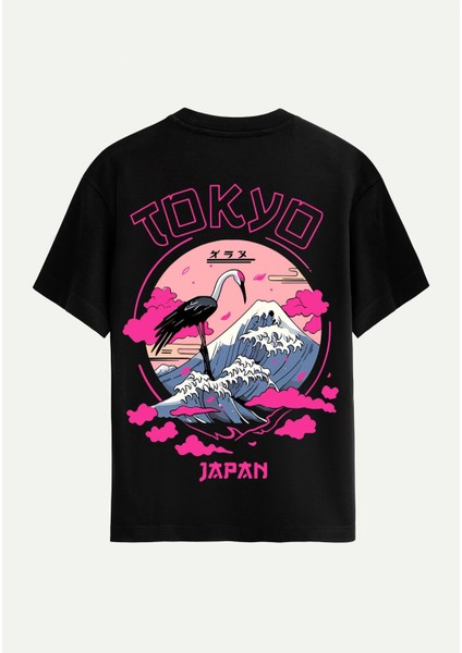 Unisex Bisiklet Yaka %100 Organik Pamuklu Kalın Dokulu Tokyo Baskılı Oversize T-Shirt - Siyah