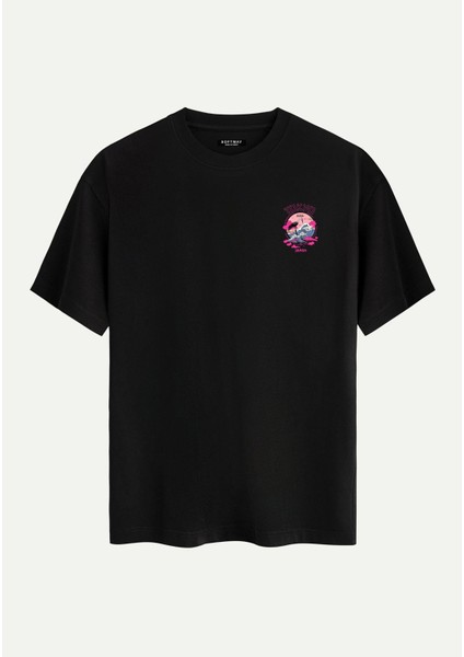 Unisex Bisiklet Yaka %100 Organik Pamuklu Kalın Dokulu Tokyo Baskılı Oversize T-Shirt - Siyah fiyatları