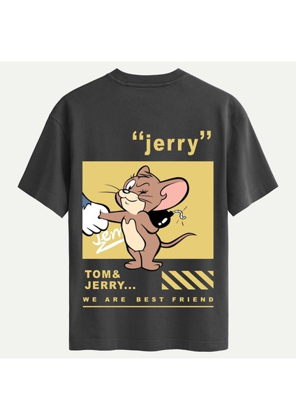 Unisex Bisiklet Yaka %100 Organik Pamuklu Kalın Dokulu Jerry Baskılı Oversize T-Shirt - Füme