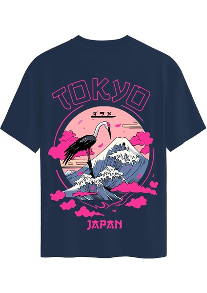 Unisex Bisiklet Yaka %100 Organik Pamuklu Kalın Dokulu Tokyo Baskılı Oversize T-Shirt - Lacivert