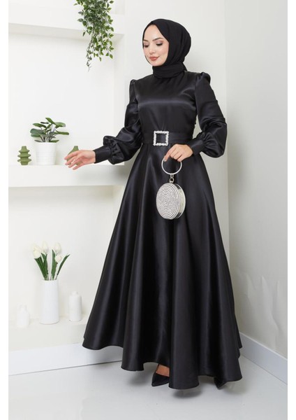 Kadın Giyim Abiye Moda Kemeri Taşlı Uzun Tesettür Saten Abiye Elbise 2753