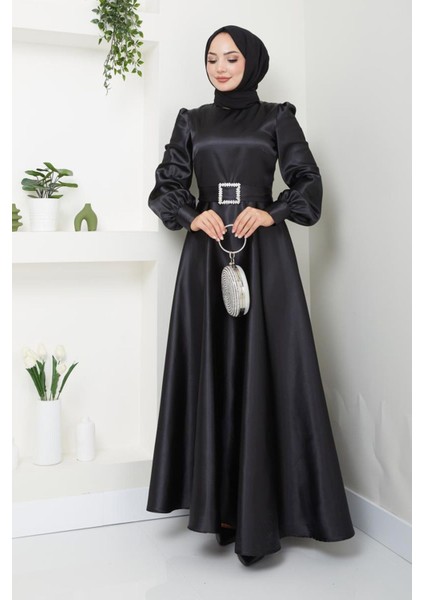 Kadın Giyim Abiye Moda Kemeri Taşlı Uzun Tesettür Saten Abiye Elbise 2753 fiyatları