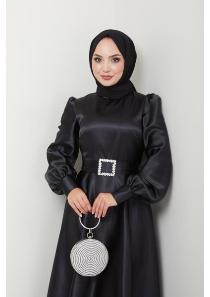 Kadın Giyim Abiye Moda Kemeri Taşlı Uzun Tesettür Saten Abiye Elbise 2753 fırsatları