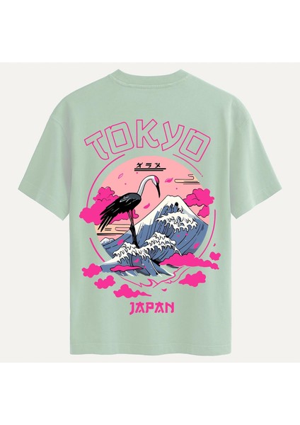 Unisex Bisiklet Yaka %100 Organik Pamuklu Kalın Dokulu Tokyo Baskılı Oversize T-Shirt - Bej
