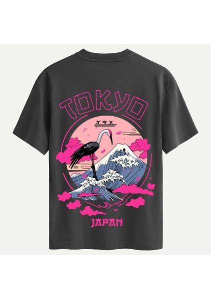Unisex Bisiklet Yaka %100 Organik Pamuklu Kalın Dokulu Tokyo Baskılı Oversize T-Shirt - Füme
