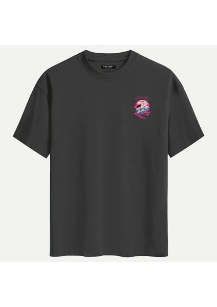 Unisex Bisiklet Yaka %100 Organik Pamuklu Kalın Dokulu Tokyo Baskılı Oversize T-Shirt - Füme fiyatları