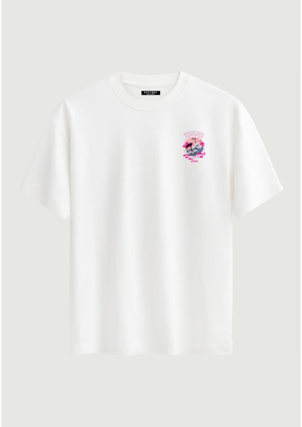 Unisex Bisiklet Yaka %100 Organik Pamuklu Kalın Dokulu Tokyo Baskılı Oversize T-Shirt - Beyaz fiyatları