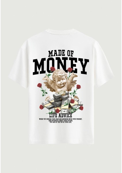 Unisex Bisiklet Yaka %100 Organik Pamuklu Kalın Dokulu Made Of Money Baskılı Oversize T-Shirt - Beyaz