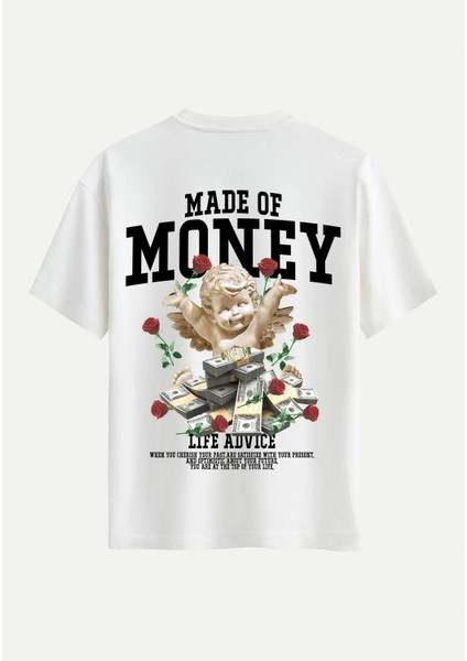 Unisex Bisiklet Yaka %100 Organik Pamuklu Kalın Dokulu Made Of Money Baskılı Oversize T-Shirt - Ekru