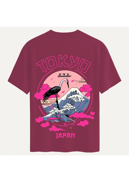 Unisex Bisiklet Yaka %100 Organik Pamuklu Kalın Dokulu Tokyo Baskılı Oversize T-Shirt - Bordo
