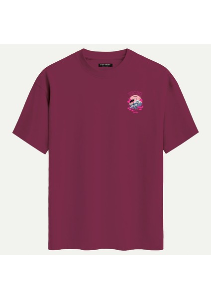 Unisex Bisiklet Yaka %100 Organik Pamuklu Kalın Dokulu Tokyo Baskılı Oversize T-Shirt - Bordo fiyatları