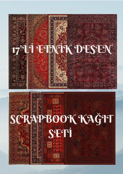 17'li Otantik Etnik Halı Desenli Yapışkanlı Scrapbook Kağıt Seti (3 Adet 11*21CM VE14 Adet A5 Boyutunda)