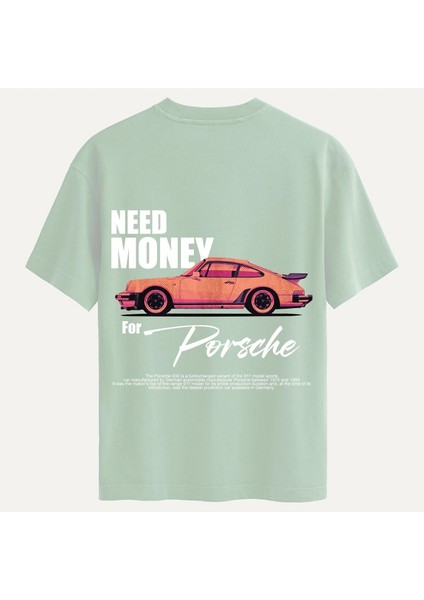 Unisex Bisiklet Yaka %100 Organik Pamuklu Kalın Dokulu Need Money For Porsche Baskılı Oversize T-Shirt - Bej