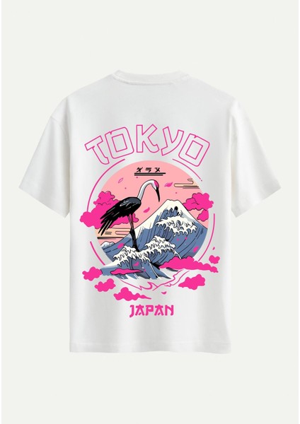 Unisex Bisiklet Yaka %100 Organik Pamuklu Kalın Dokulu Tokyo Baskılı Oversize T-Shirt - Ekru