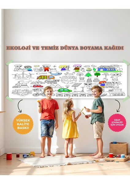 Ekoloji ve Temiz Dünya Temalı Dev Boyama Kağıdı 2,5 Metre Rulo Boyama Kağıdı Çocuk Anaokulu ve Kreşler İçin Aktivite Çocuk Eğitici Boyama