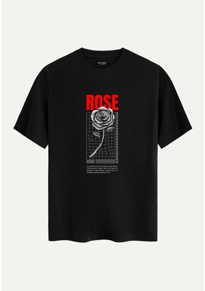 Unisex Bisiklet Yaka %100 Organik Pamuklu Kalın Dokulu Rose Baskılı Oversize T-Shirt - Siyah