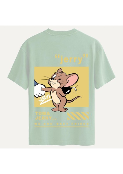 Unisex Bisiklet Yaka %100 Organik Pamuklu Kalın Dokulu Jerry Baskılı Oversize T-Shirt - Bej