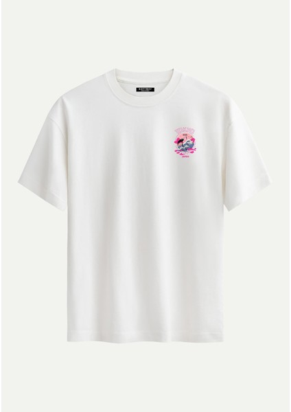 Unisex Bisiklet Yaka %100 Organik Pamuklu Kalın Dokulu Tokyo Baskılı Oversize T-Shirt - Ekru fiyatları