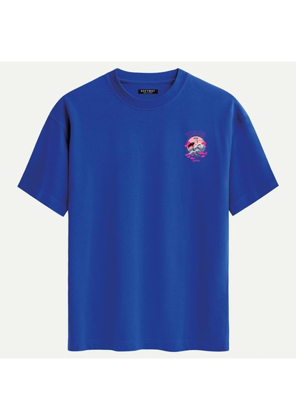 Unisex Bisiklet Yaka %100 Organik Pamuklu Kalın Dokulu Tokyo Baskılı Oversize T-Shirt - Saks Mavisi fiyatları