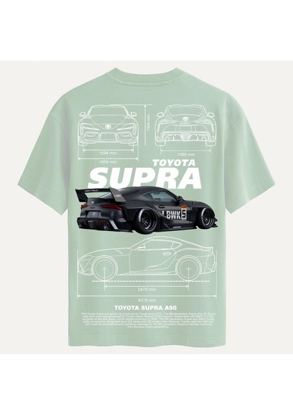 Unisex Bisiklet Yaka %100 Organik Pamuklu Kalın Dokulu Toyota Supra A90 Baskılı Oversize T-Shirt - Bej