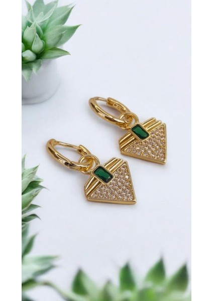 Premium Seri Paslanmaz Çelik Yeşil Taşlı Gold Küpe