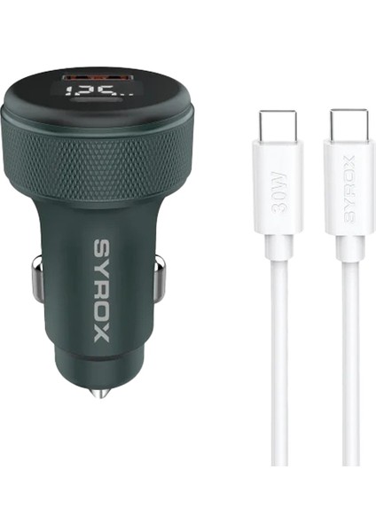 SC30T 3.1A 30W Pd Q.c. 3.0 1mt Type-C - Type-C Kablolu Dijital Ekranlı 1xtype-C + 1xusb-A Port Çıkışlı Hızlı Araç Şarj Cihazı - Kablolu Oto Çakmaklık Şarj Aleti