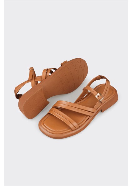 Taba Deri Kadın Düz Sandalet modelleri