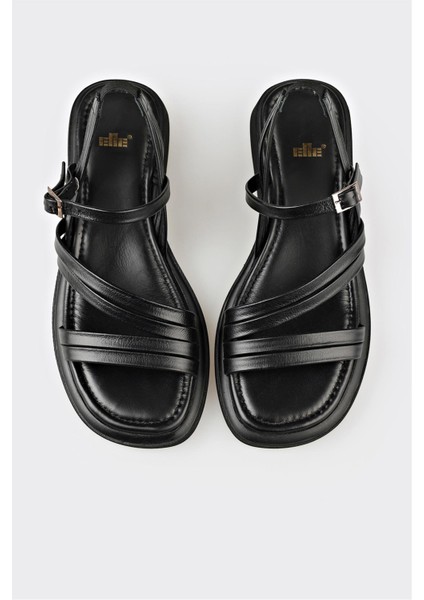 Siyah Deri Kadın Düz Sandalet fırsatları