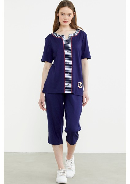 Çizgi Detaylı Kapri Penye Takım - Lacivert
