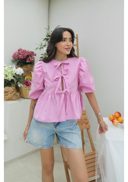 Pembe Torres Bağlamalı Bluz