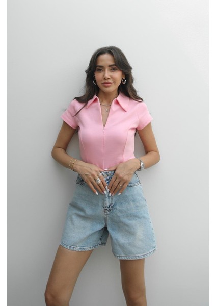 Pembe Önü Fermuarlı Bluz
