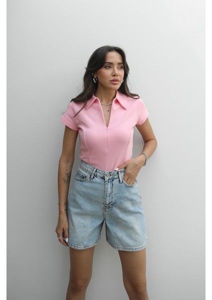 Pembe Önü Fermuarlı Bluz
