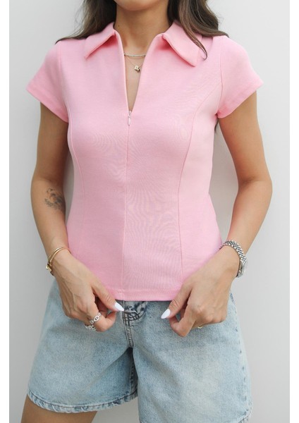 Pembe Önü Fermuarlı Bluz