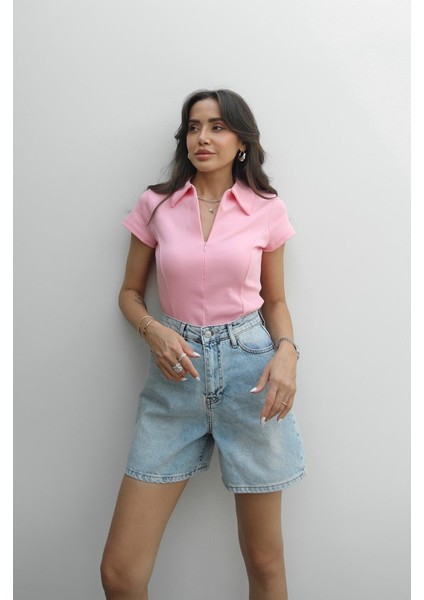 Pembe Önü Fermuarlı Bluz