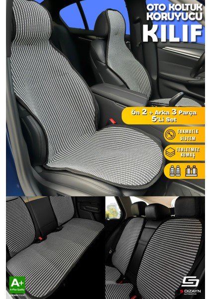 Oto Koltuk Koruyucu Kılıf Set Çizgili Füme Beyaz Universal 2+3 Parça Ön Arka